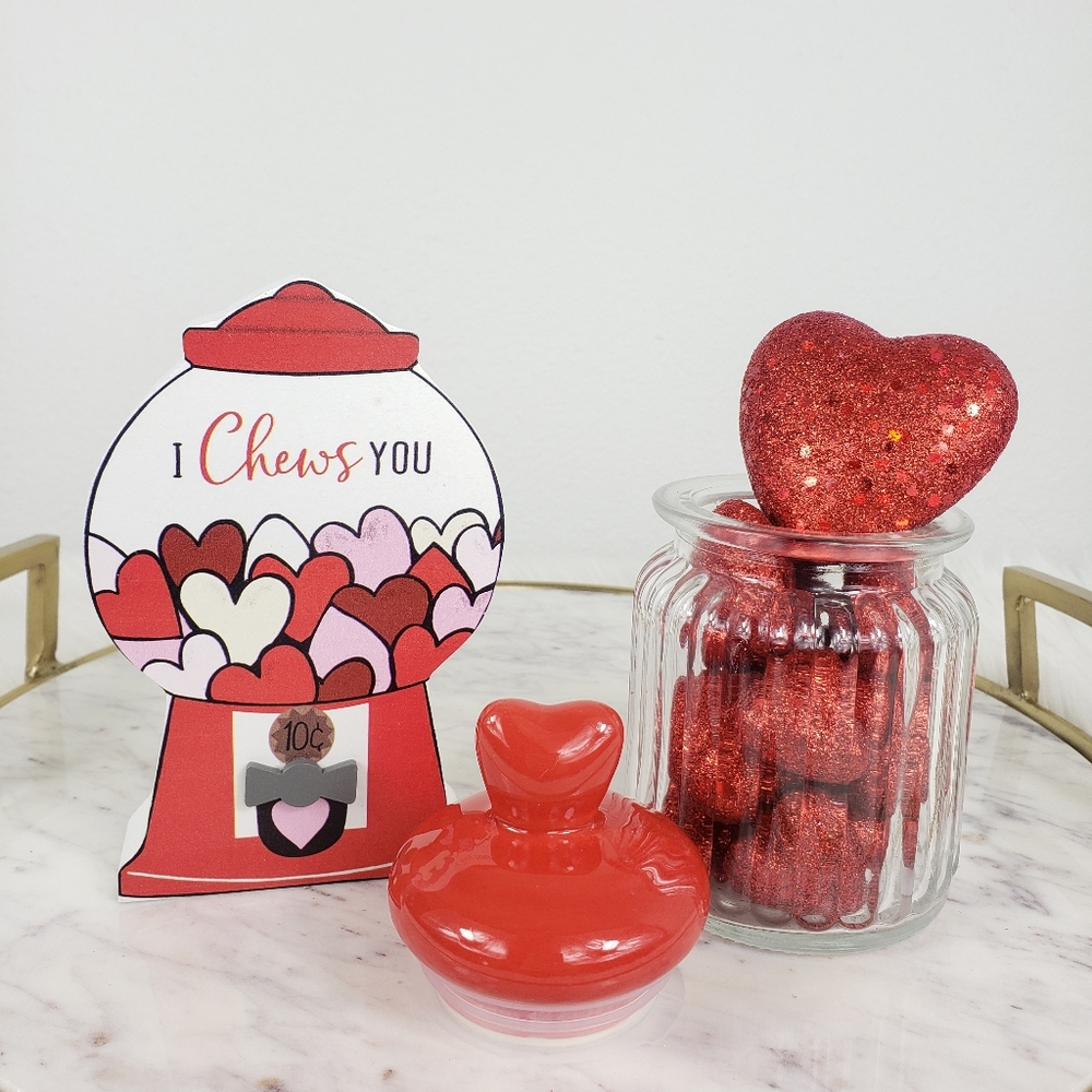 Red Gumball and Glass Jar Valentine's Day decor
